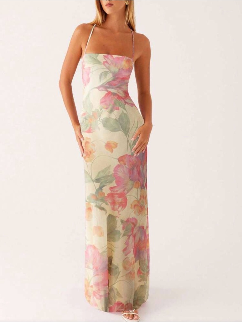 SHEIN Pastel Floral Strapless Maxi Dress in Pink and Green